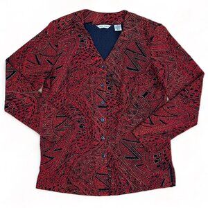 Laura Ashley Womens Button Down Cardigan Stretch Knit Burnt Red Gold Texture M